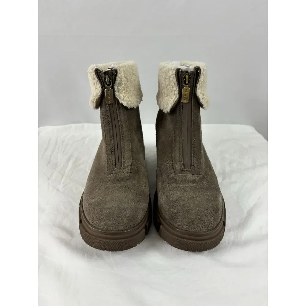 Blondo Plaza Suede Ankle Boots Taupe Tan Sheepskin 8 Zip Up Lug Sole